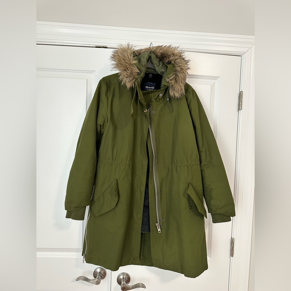 Madewell hem length coat. Removable fleece under piece & removal faux fur/hoodie